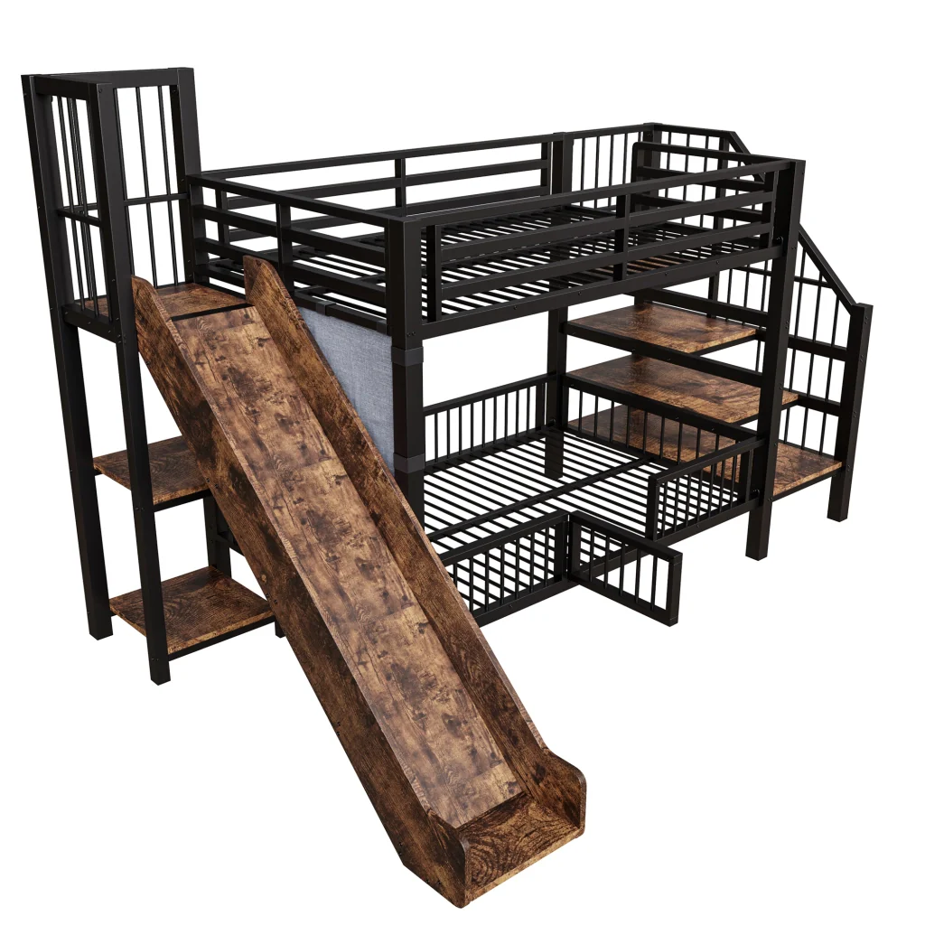 Letto a soppalco in metallo nero 90*200CM mensole scorrevoli per la conservazione telaio sicuro Letto per bambini risparmio spazio - Image 8