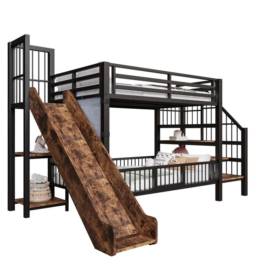 Letto a soppalco in metallo nero 90*200CM mensole scorrevoli per la conservazione telaio sicuro Letto per bambini risparmio spazio - Image 9