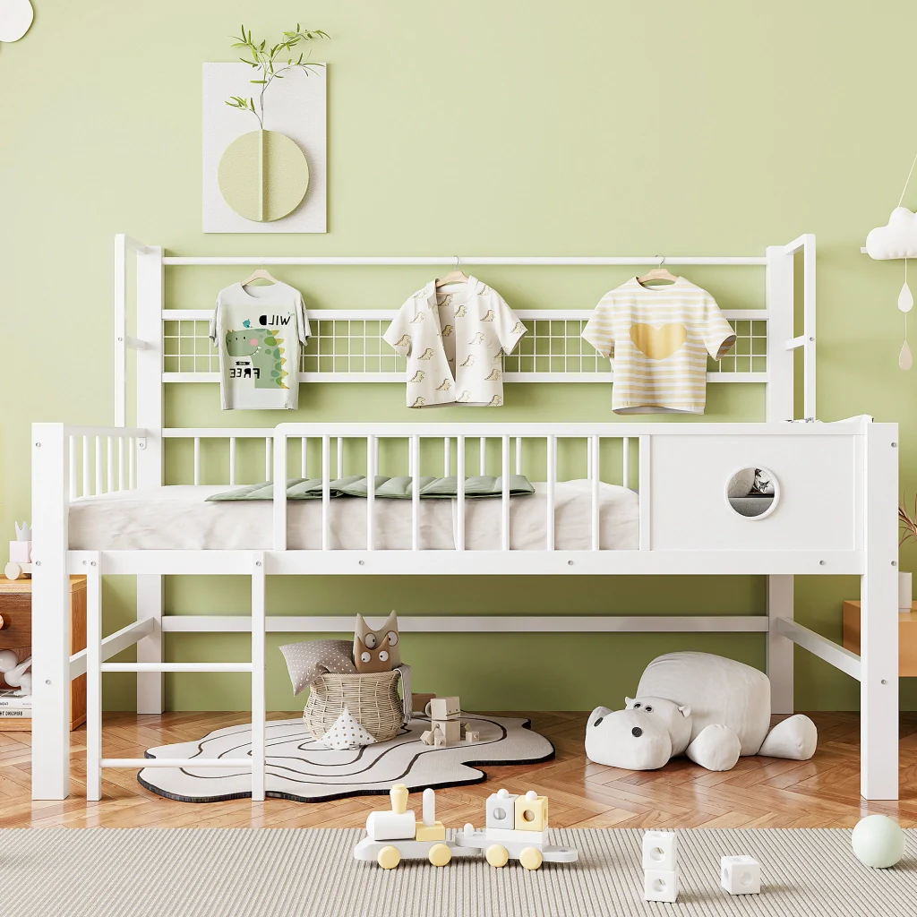 Letto basso per bambini 90*200cm bianco struttura metallica deposito ideale per bambini e giovani - Image 2