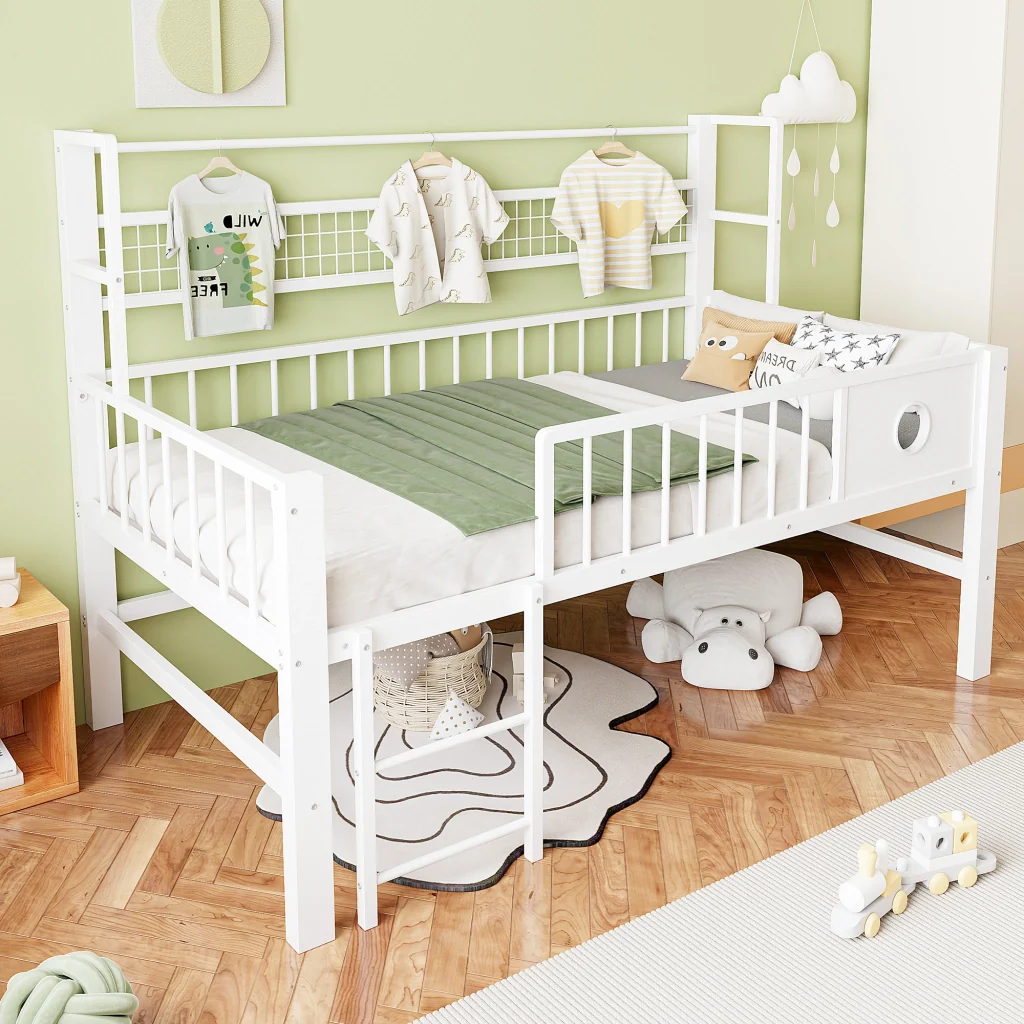 Letto basso per bambini 90*200cm bianco struttura metallica deposito ideale per bambini e giovani - Image 3