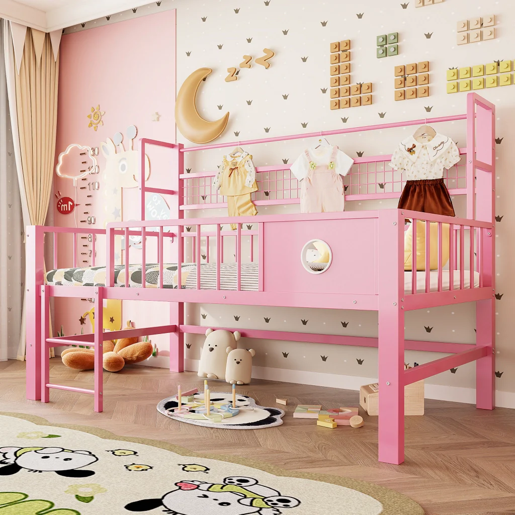 Letto basso per bambini 90*200cm rosa struttura metallica spazio di stoccaggio per bambini e adolescenti