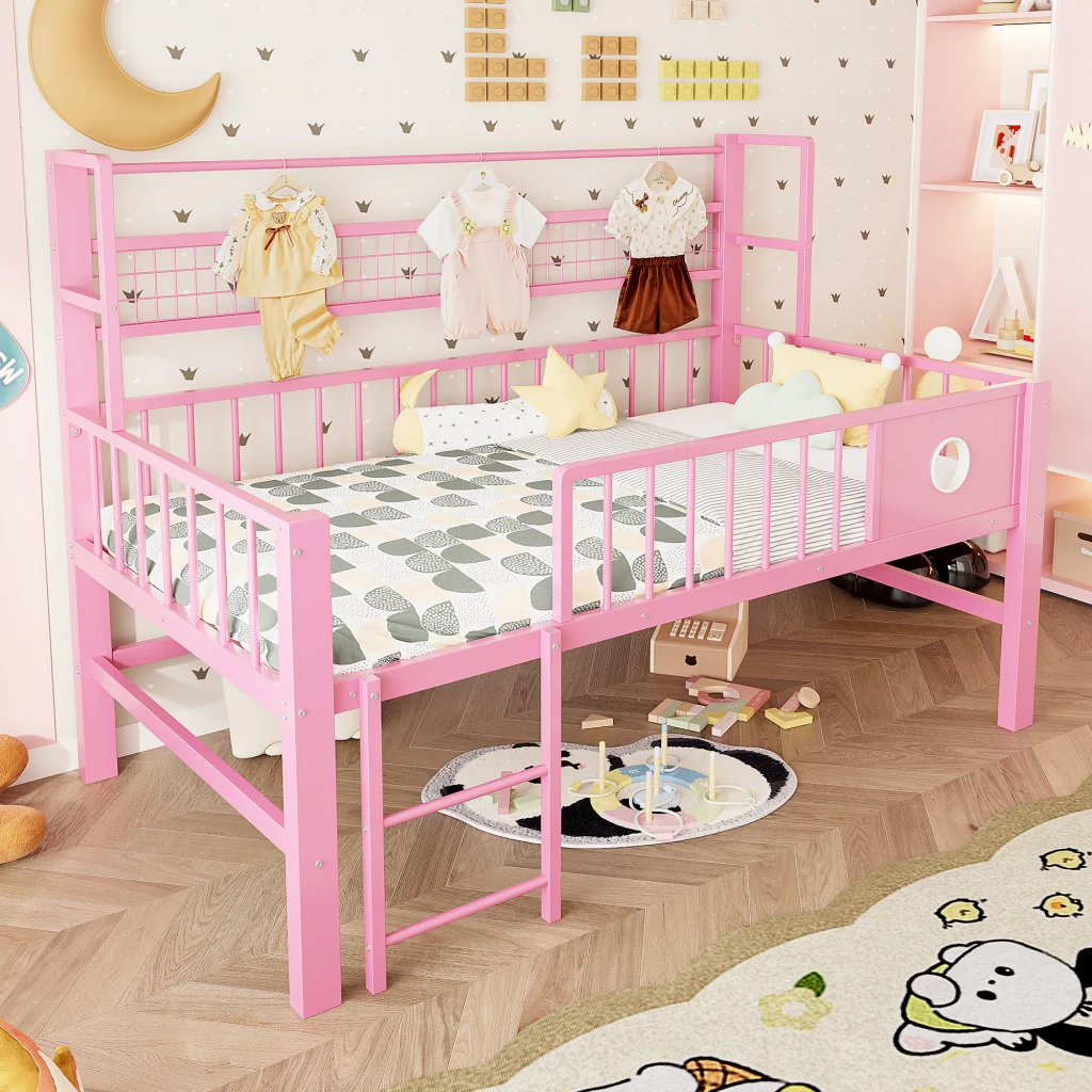 Letto basso per bambini 90*200cm rosa struttura metallica spazio di stoccaggio per bambini e adolescenti - Image 2