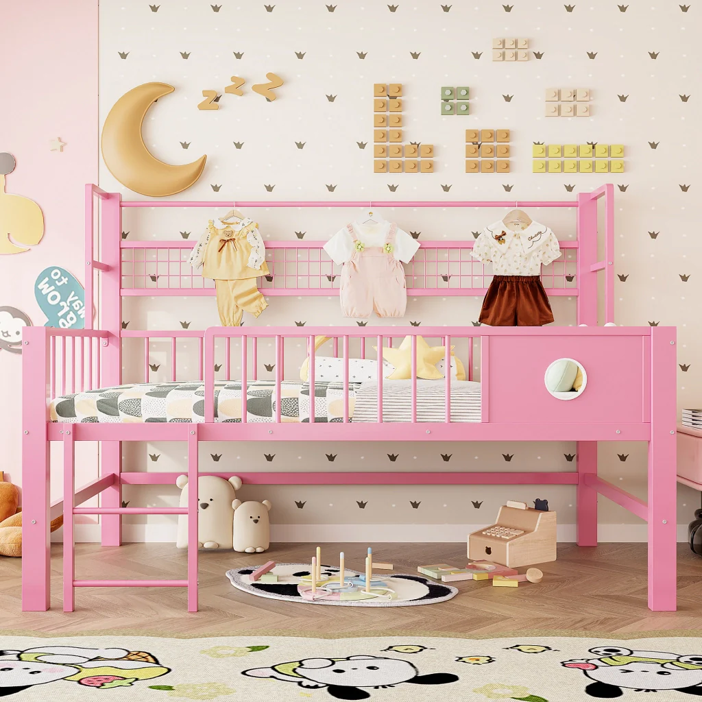 Letto basso per bambini 90*200cm rosa struttura metallica spazio di stoccaggio per bambini e adolescenti - Image 3