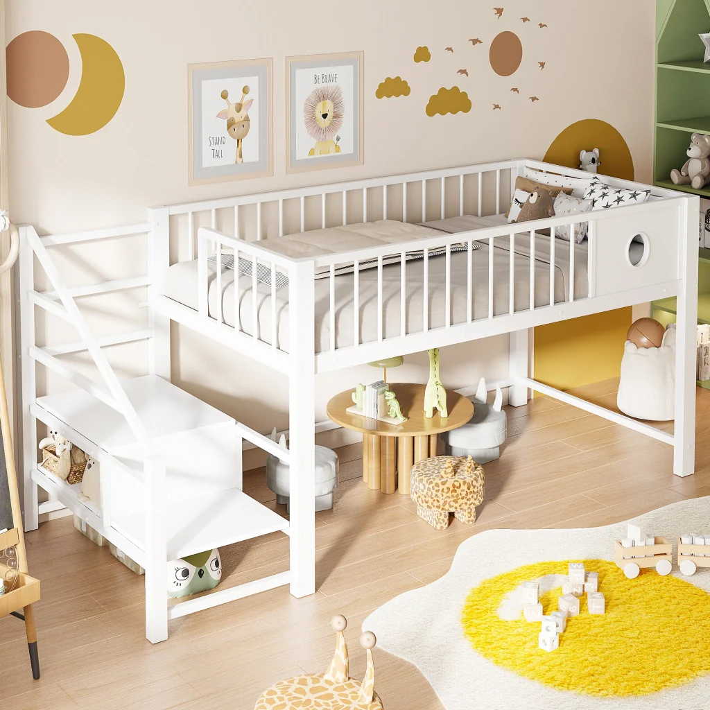 Letto basso per bambini 90 x 200 cm bianco telaio metallico scala di stoccaggio per bambini e giovani