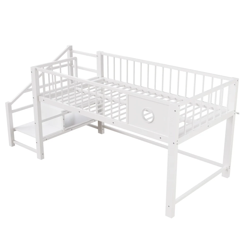 Letto basso per bambini 90 x 200 cm bianco telaio metallico scala di stoccaggio per bambini e giovani - Image 10