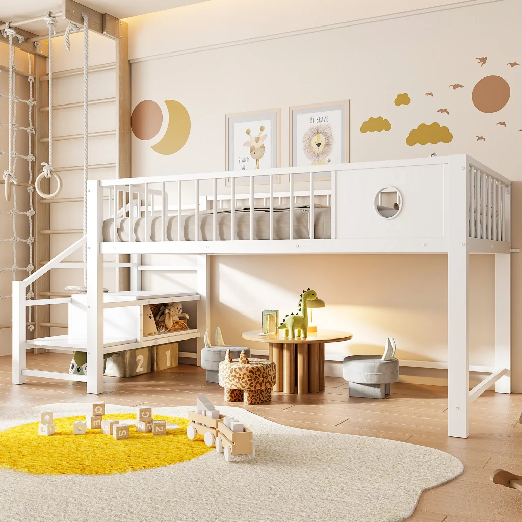 Letto basso per bambini 90 x 200 cm bianco telaio metallico scala di stoccaggio per bambini e giovani - Image 2