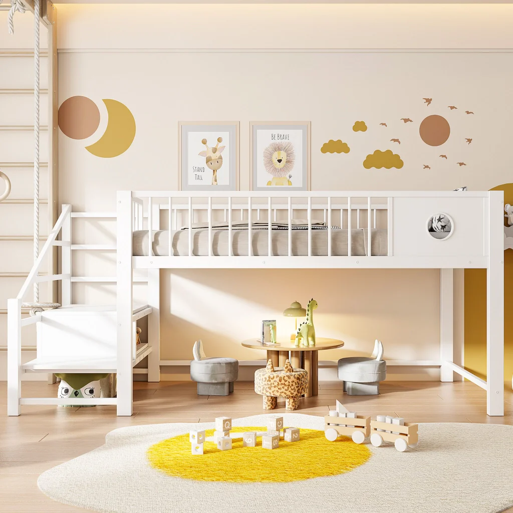 Letto basso per bambini 90 x 200 cm bianco telaio metallico scala di stoccaggio per bambini e giovani - Image 3