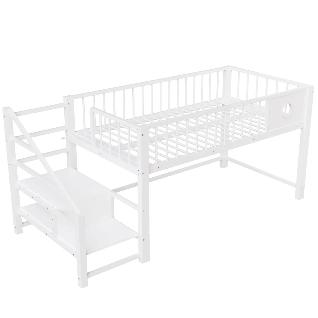 Letto basso per bambini 90 x 200 cm bianco telaio metallico scala di stoccaggio per bambini e giovani - Image 4