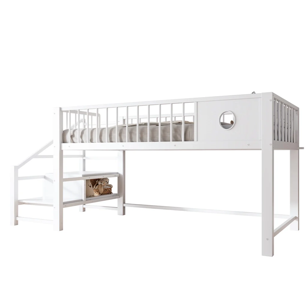 Letto basso per bambini 90 x 200 cm bianco telaio metallico scala di stoccaggio per bambini e giovani - Image 5