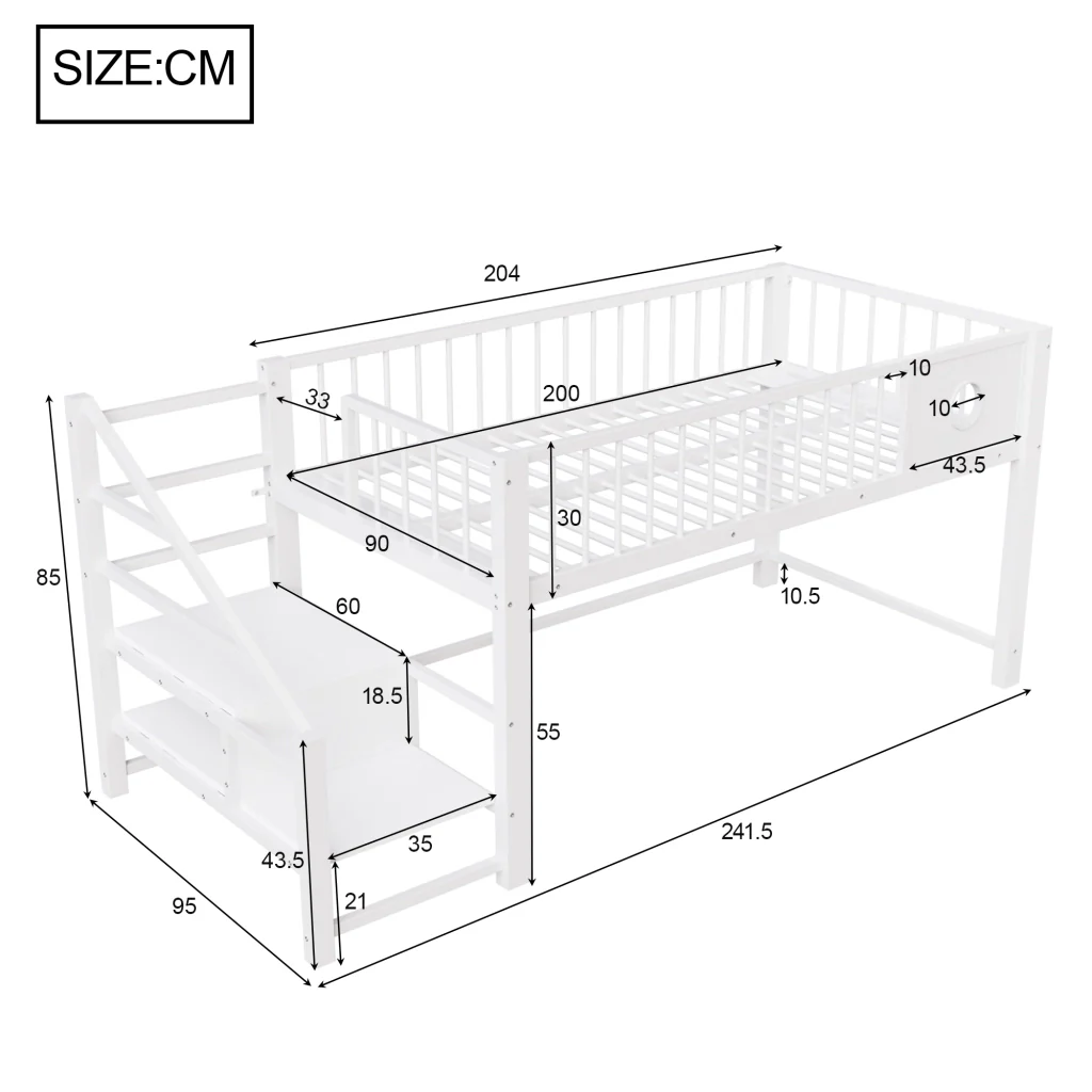 Letto basso per bambini 90 x 200 cm bianco telaio metallico scala di stoccaggio per bambini e giovani - Image 6