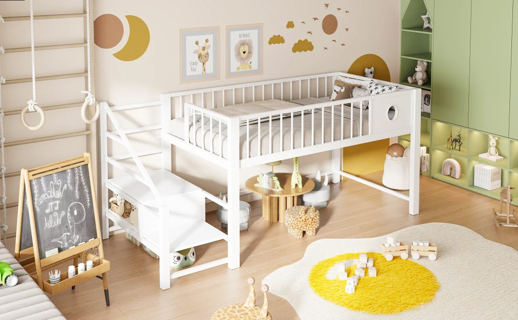 Letto basso per bambini 90 x 200 cm bianco telaio metallico scala di stoccaggio per bambini e giovani - Image 7