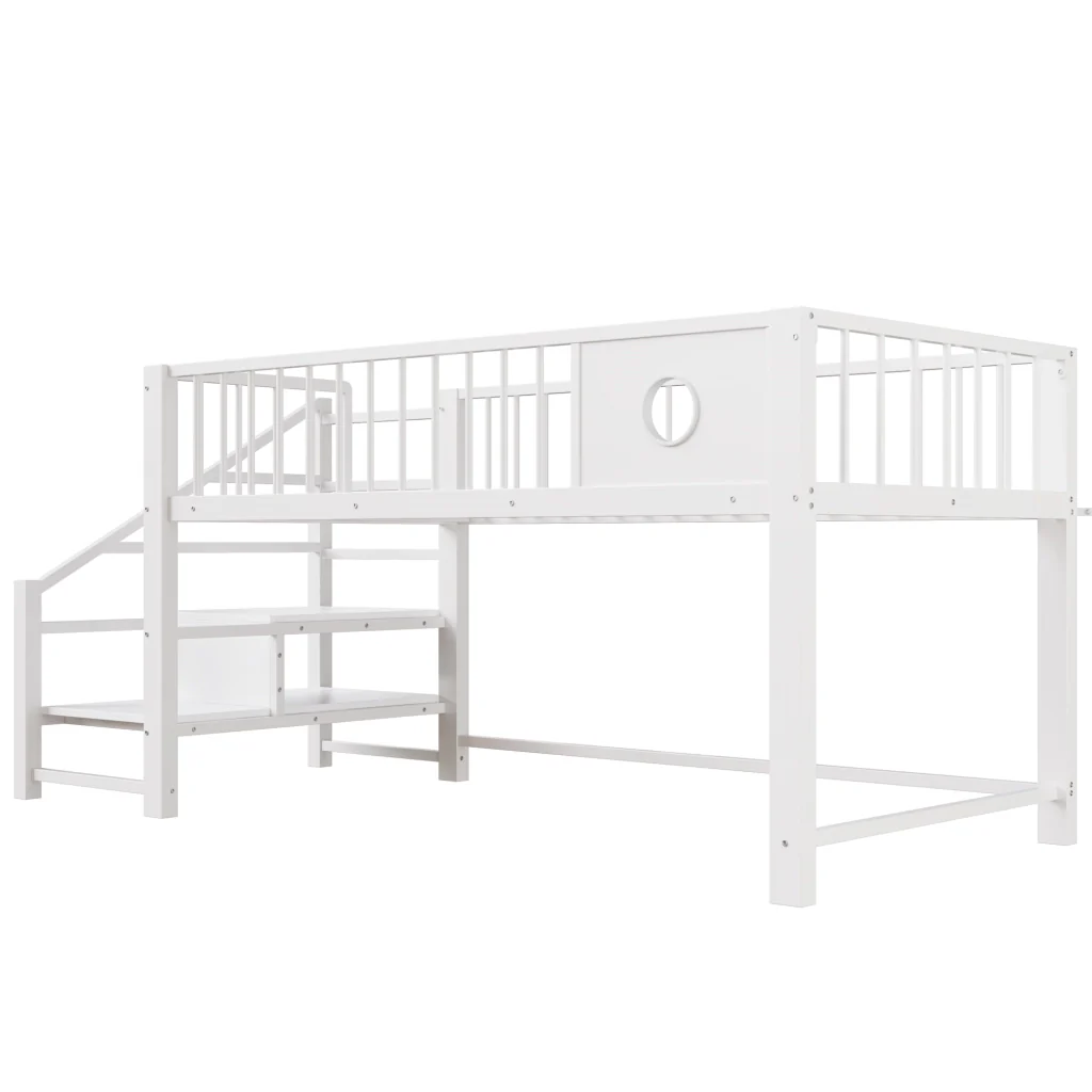 Letto basso per bambini 90 x 200 cm bianco telaio metallico scala di stoccaggio per bambini e giovani - Image 8
