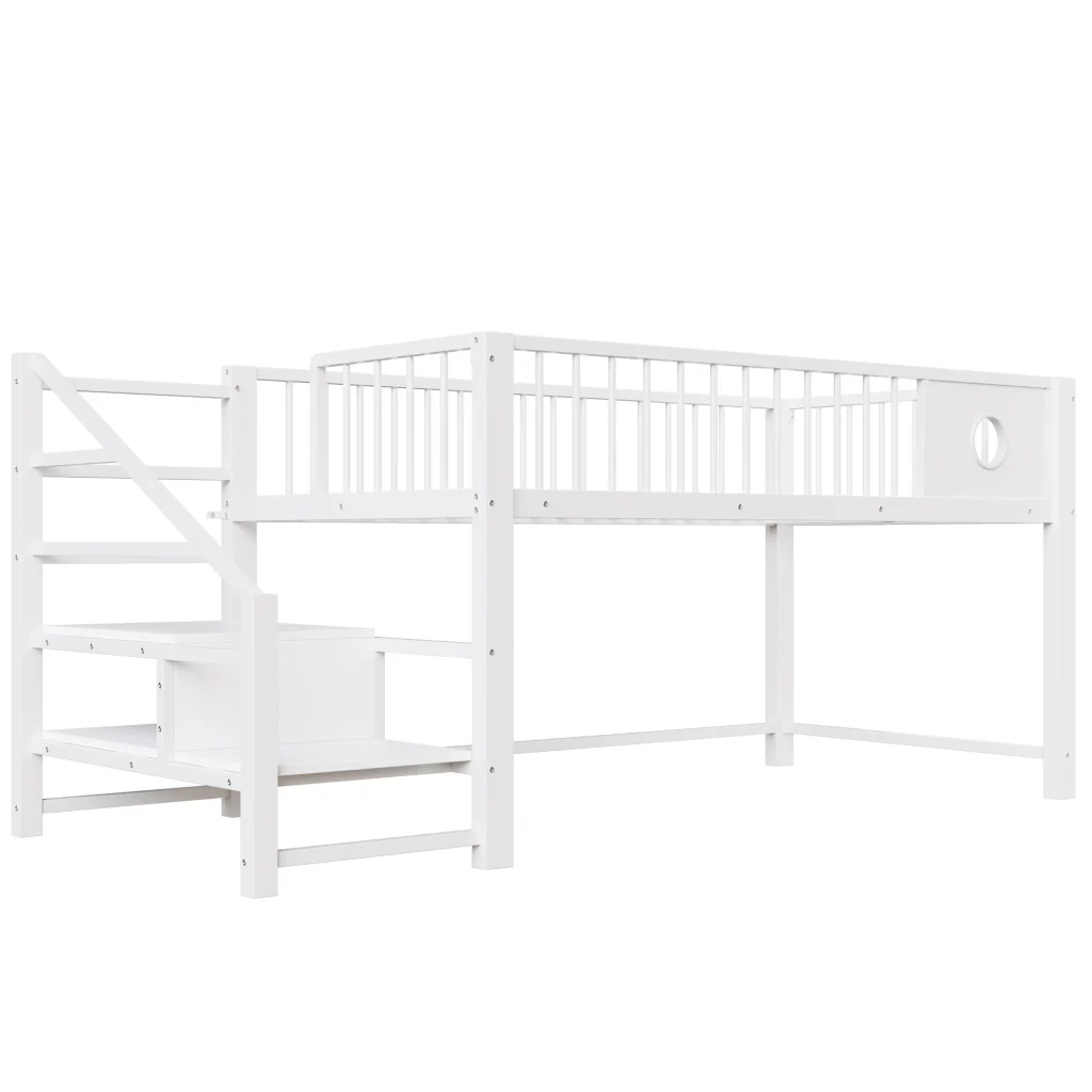 Letto basso per bambini 90 x 200 cm bianco telaio metallico scala di stoccaggio per bambini e giovani - Image 9