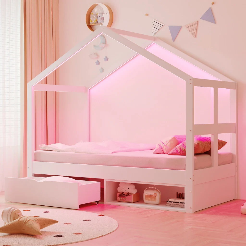 Letto bianco in legno 90×190 cm cassetti armadietto per scarpe telaio a stecche a LED multicolore letto singolo per giovani