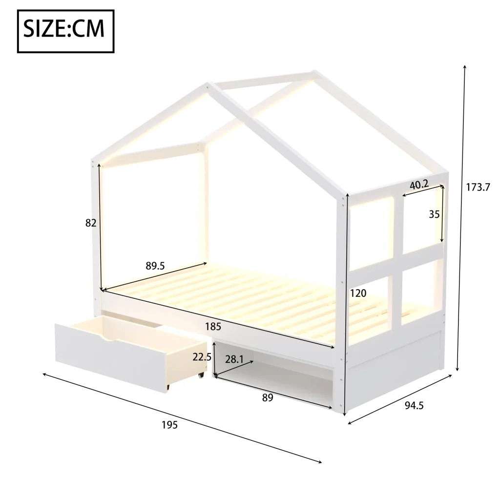 Letto bianco in legno 90×190 cm cassetti armadietto per scarpe telaio a stecche a LED multicolore letto singolo per giovani - Image 5