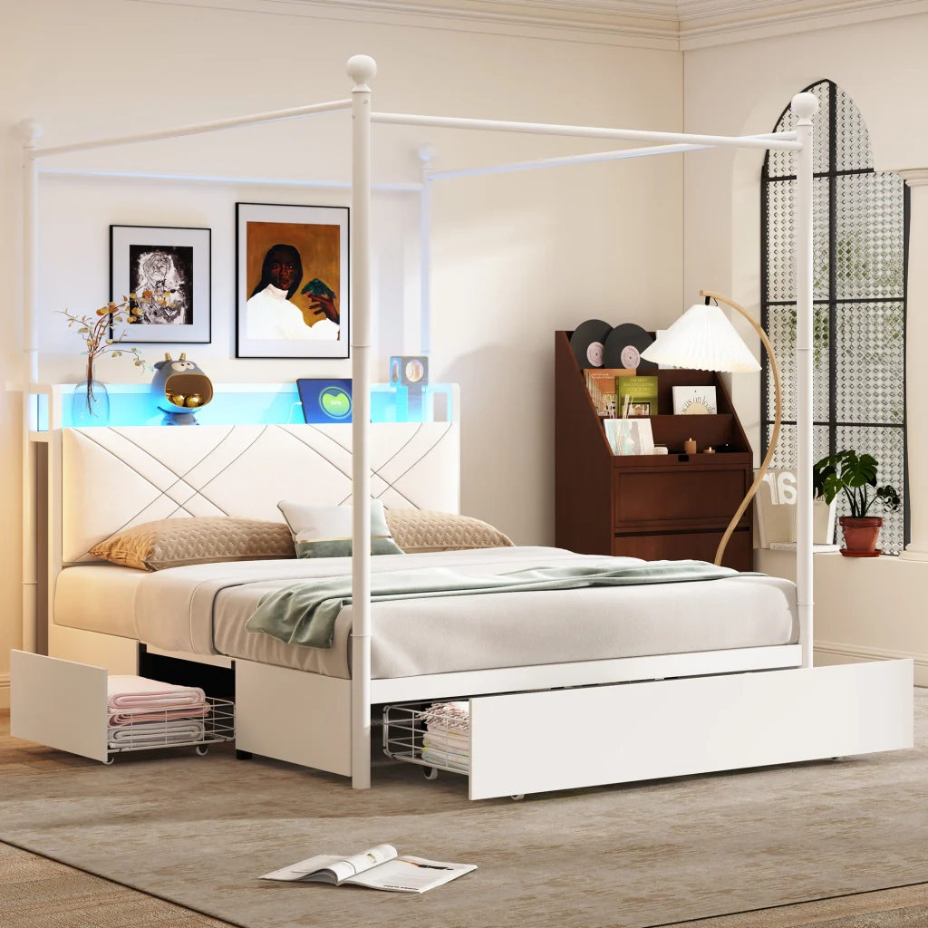 Letto doppio bianco 140x190 ripostiglio baldacchino in ferro pali LED USB/Type-C e tre cassetti multifunzione