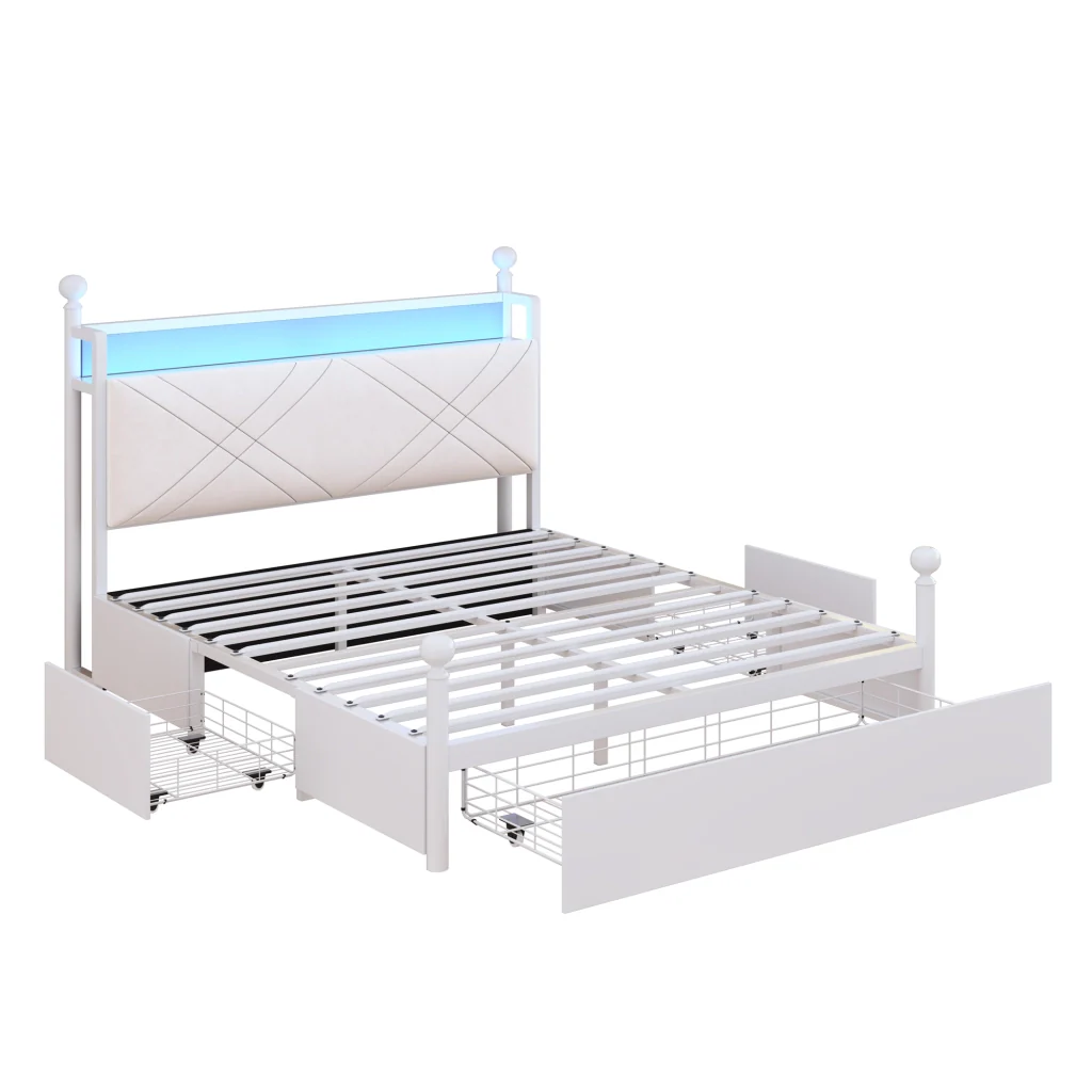 Letto doppio bianco 140x190 ripostiglio baldacchino in ferro pali LED USB/Type-C e tre cassetti multifunzione - Image 10
