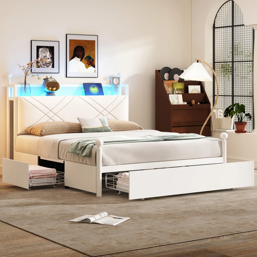 Letto doppio bianco 140x190 ripostiglio baldacchino in ferro pali LED USB/Type-C e tre cassetti multifunzione - Image 3