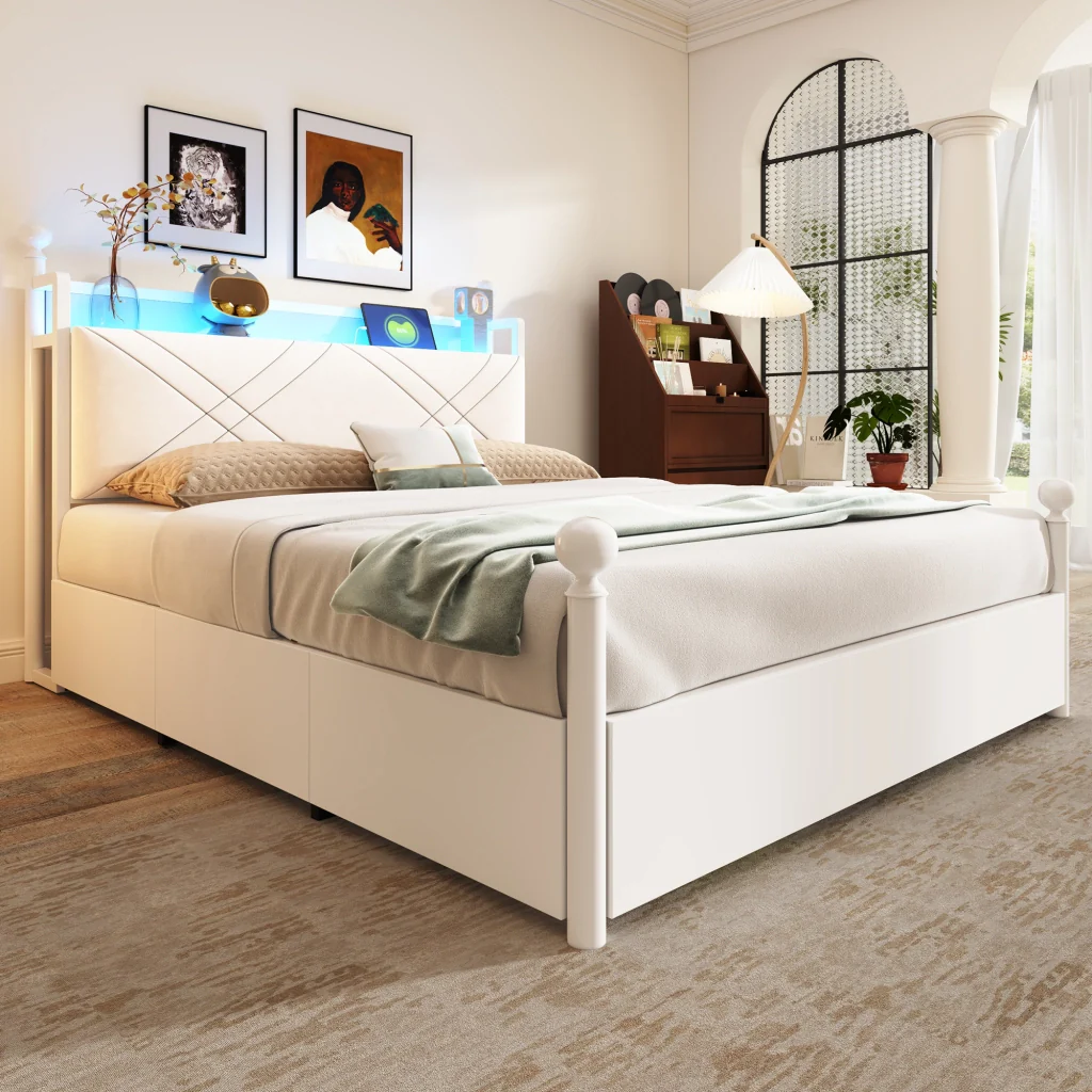 Letto doppio bianco 140x190 ripostiglio baldacchino in ferro pali LED USB/Type-C e tre cassetti multifunzione - Image 4