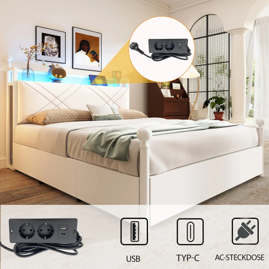 Letto doppio bianco 140x190 ripostiglio baldacchino in ferro pali LED USB/Type-C e tre cassetti multifunzione - Image 5