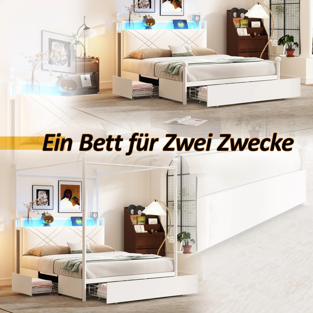 Letto doppio bianco 140x190 ripostiglio baldacchino in ferro pali LED USB/Type-C e tre cassetti multifunzione - Image 7