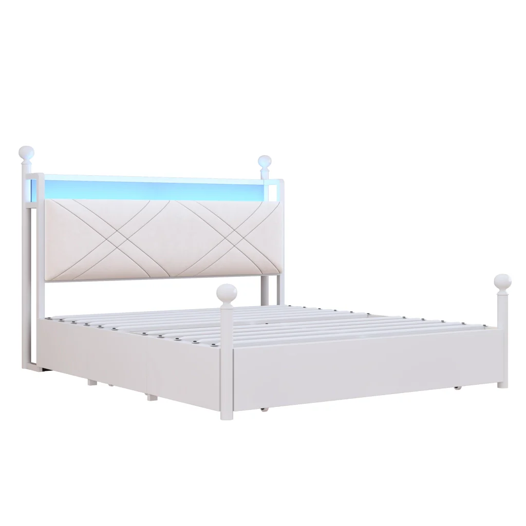 Letto doppio bianco 140x190 ripostiglio baldacchino in ferro pali LED USB/Type-C e tre cassetti multifunzione - Image 9