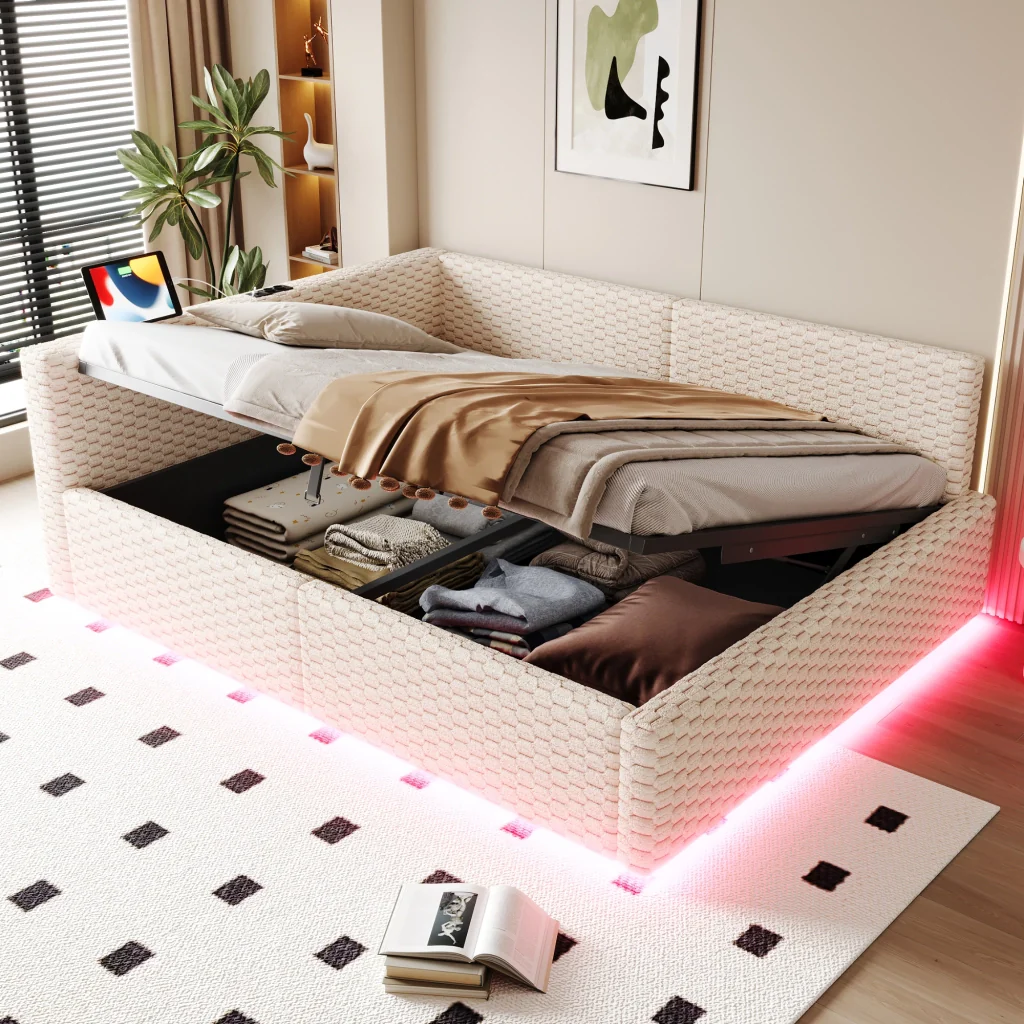 Letto imbottito 140 x 200 cm beige LED USB-C+due USB schienale morbido velluto sistema idraulico (senza materasso)