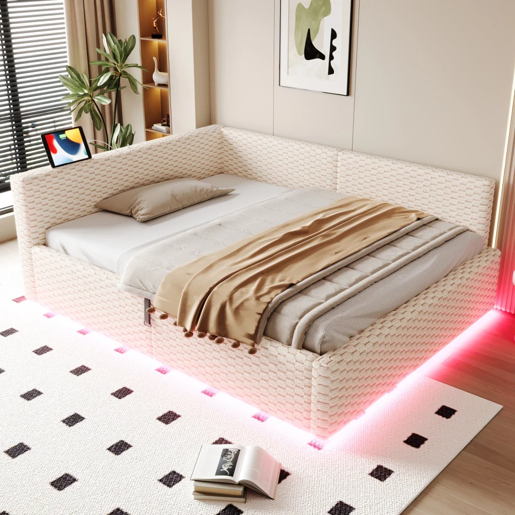 Letto imbottito 140 x 200 cm beige LED USB-C+due USB schienale morbido velluto sistema idraulico (senza materasso) - Image 2