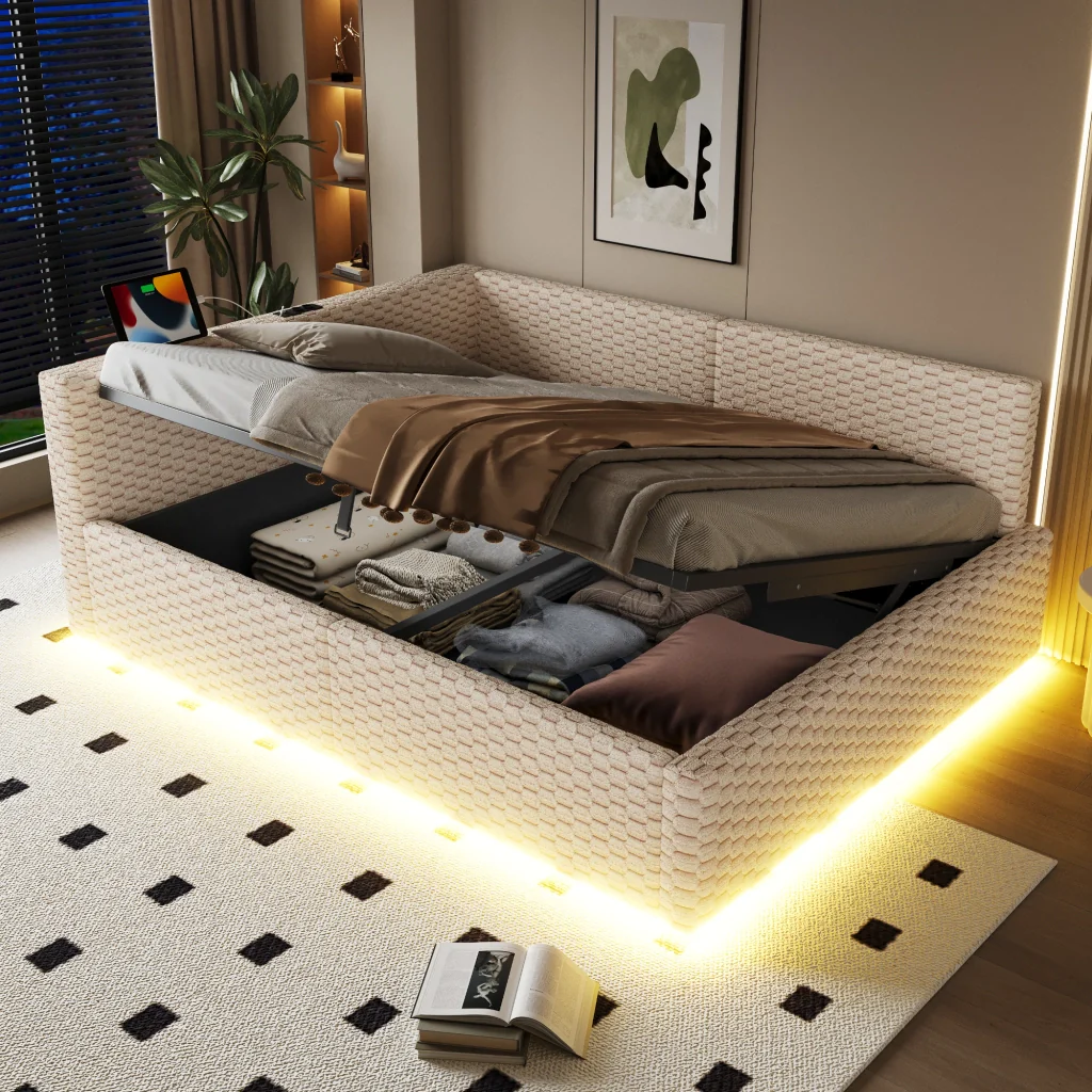 Letto imbottito 140 x 200 cm beige LED USB-C+due USB schienale morbido velluto sistema idraulico (senza materasso) - Image 3