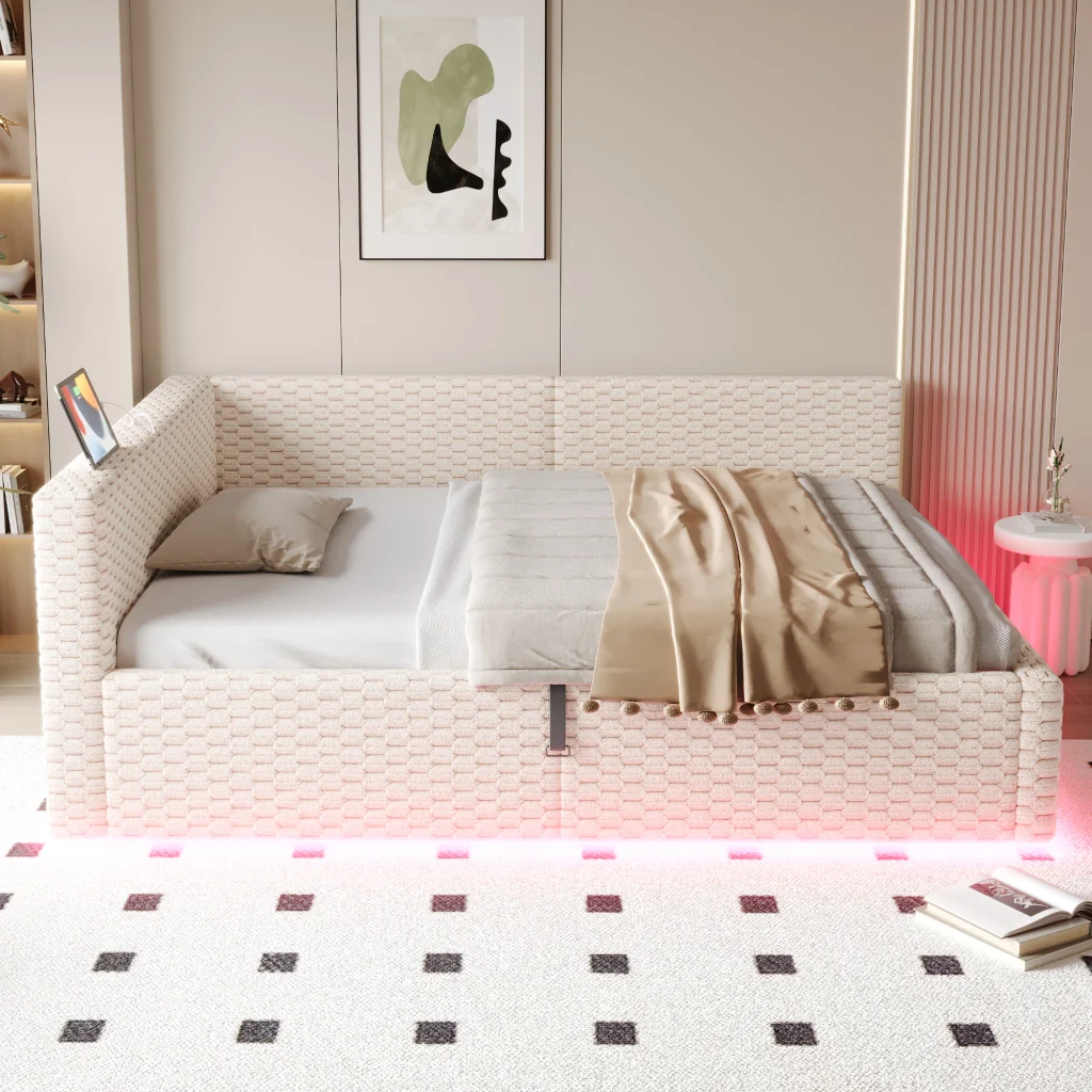 Letto imbottito 140 x 200 cm beige LED USB-C+due USB schienale morbido velluto sistema idraulico (senza materasso) - Image 4