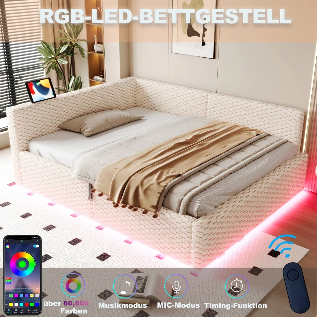 Letto imbottito 140 x 200 cm beige LED USB-C+due USB schienale morbido velluto sistema idraulico (senza materasso) - Image 5