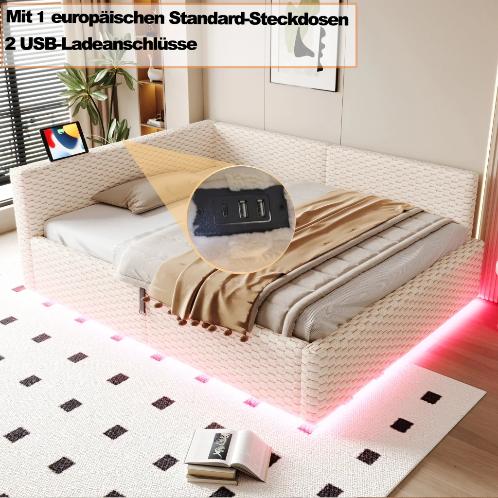 Letto imbottito 140 x 200 cm beige LED USB-C+due USB schienale morbido velluto sistema idraulico (senza materasso) - Image 6