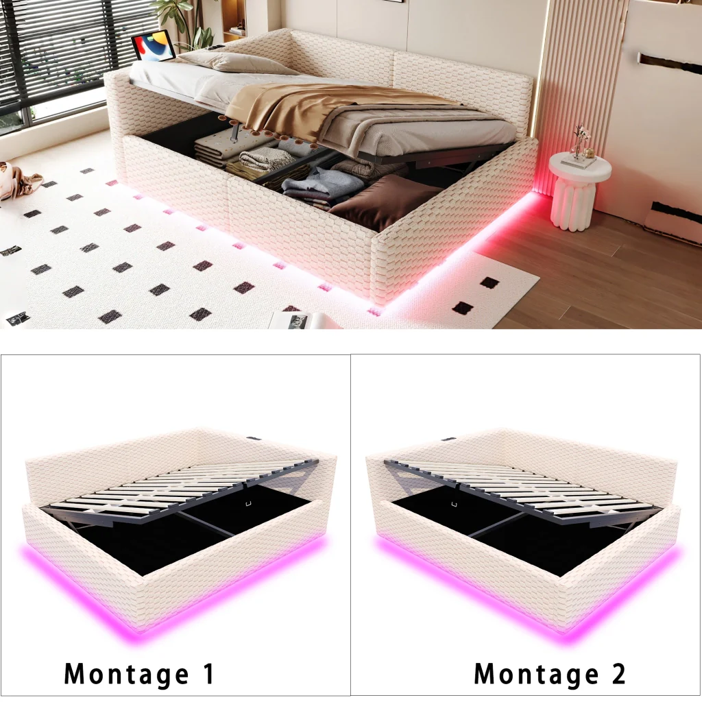 Letto imbottito 140 x 200 cm beige LED USB-C+due USB schienale morbido velluto sistema idraulico (senza materasso) - Image 7