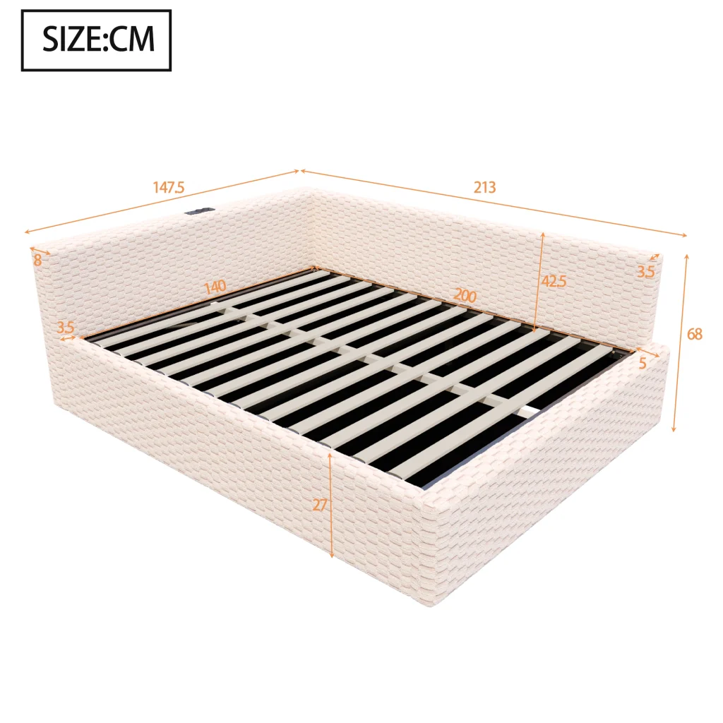 Letto imbottito 140 x 200 cm beige LED USB-C+due USB schienale morbido velluto sistema idraulico (senza materasso) - Image 8