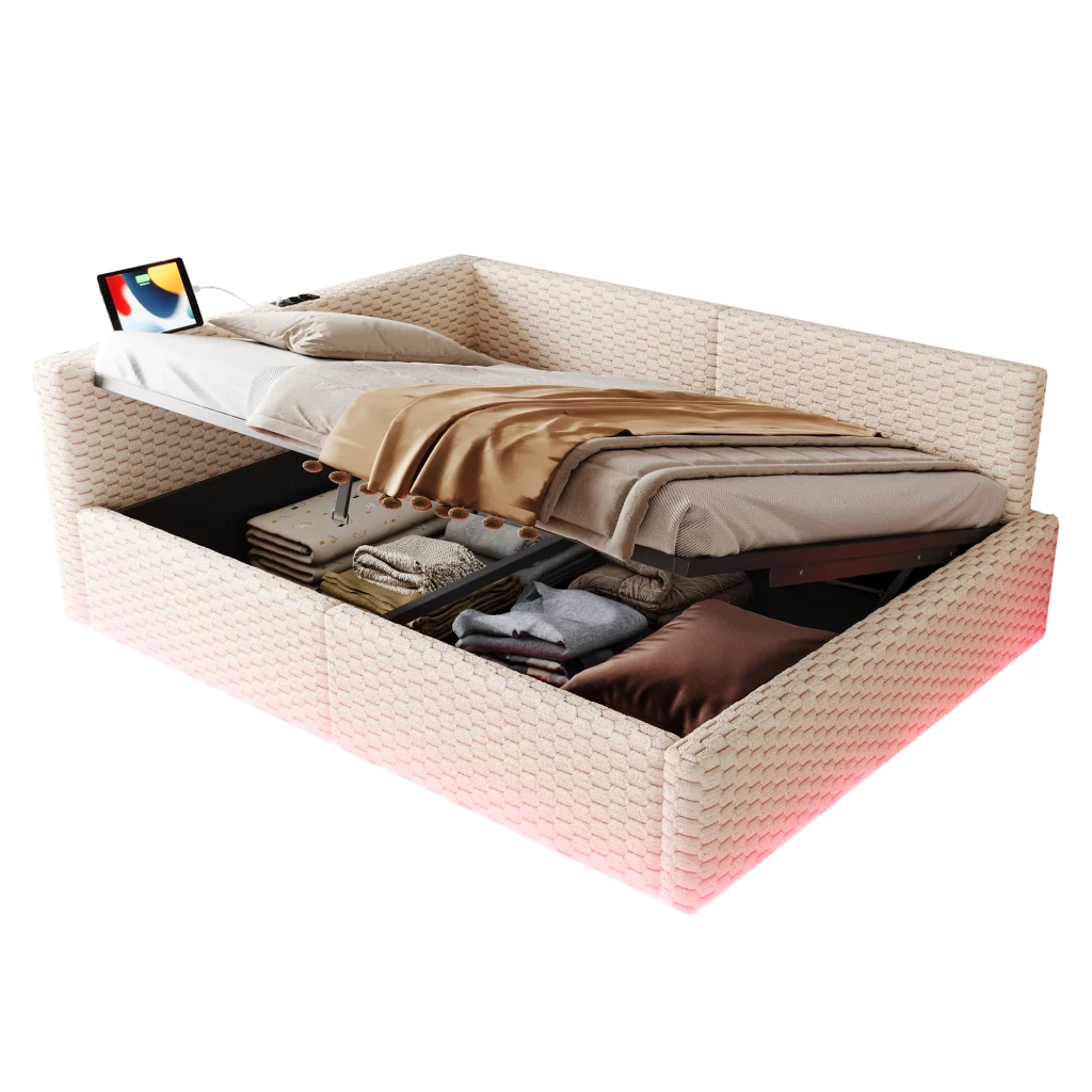 Letto imbottito 140 x 200 cm beige LED USB-C+due USB schienale morbido velluto sistema idraulico (senza materasso) - Image 9