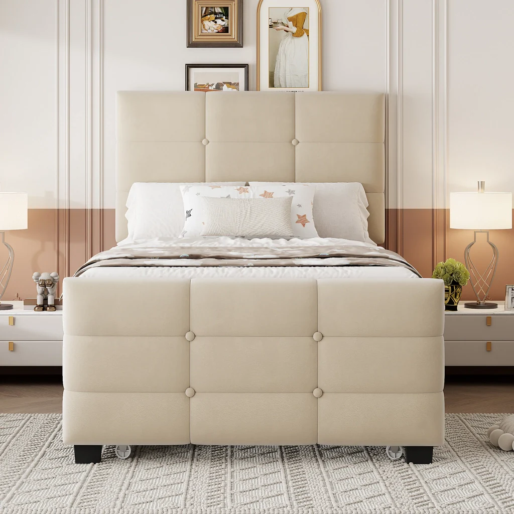 Letto imbottito 90 x 190 cm beige velluto compatibile con la pelle letto extra letti per bambini giovani e ospiti - Image 2