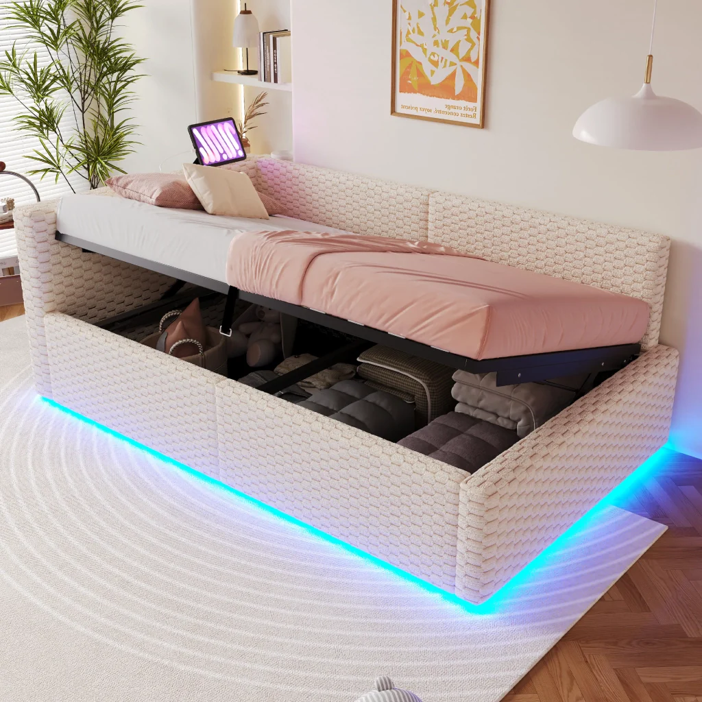 Letto imbottito 90 x 200 cm beige LED USB-C+due USB retro a L velluto telaio idraulico (senza materasso)