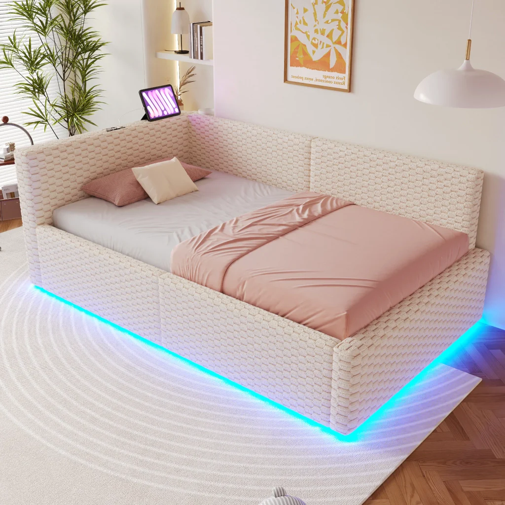 Letto imbottito 90 x 200 cm beige LED USB-C+due USB retro a L velluto telaio idraulico (senza materasso) - Image 2