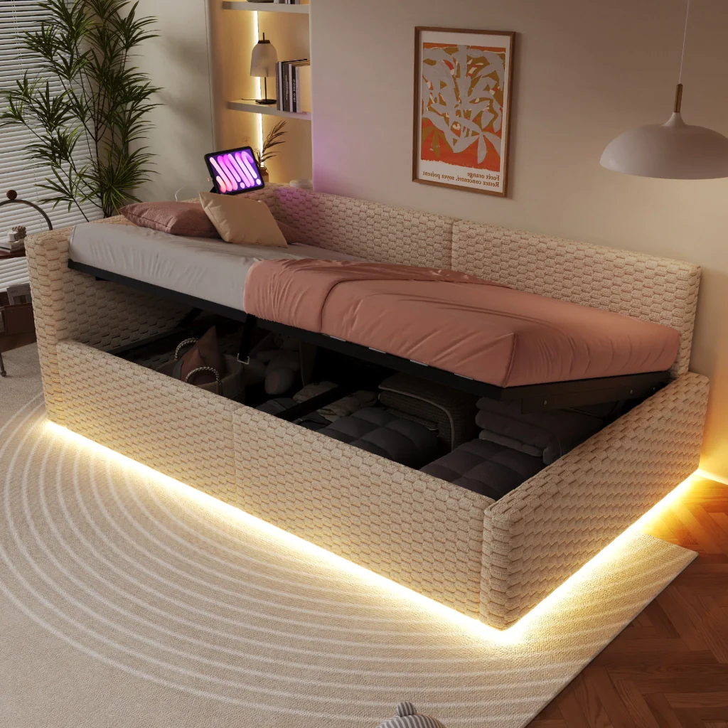 Letto imbottito 90 x 200 cm beige LED USB-C+due USB retro a L velluto telaio idraulico (senza materasso) - Image 3