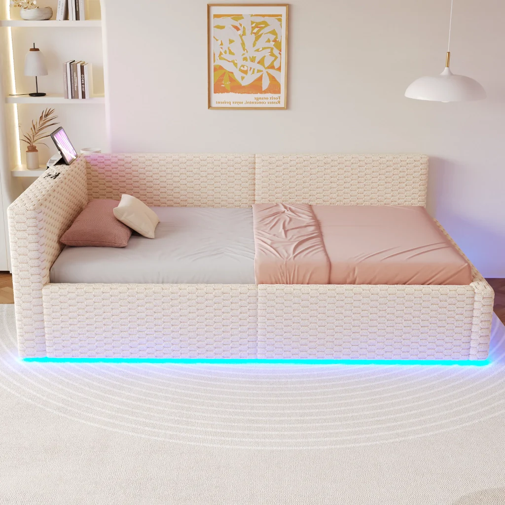 Letto imbottito 90 x 200 cm beige LED USB-C+due USB retro a L velluto telaio idraulico (senza materasso) - Image 4