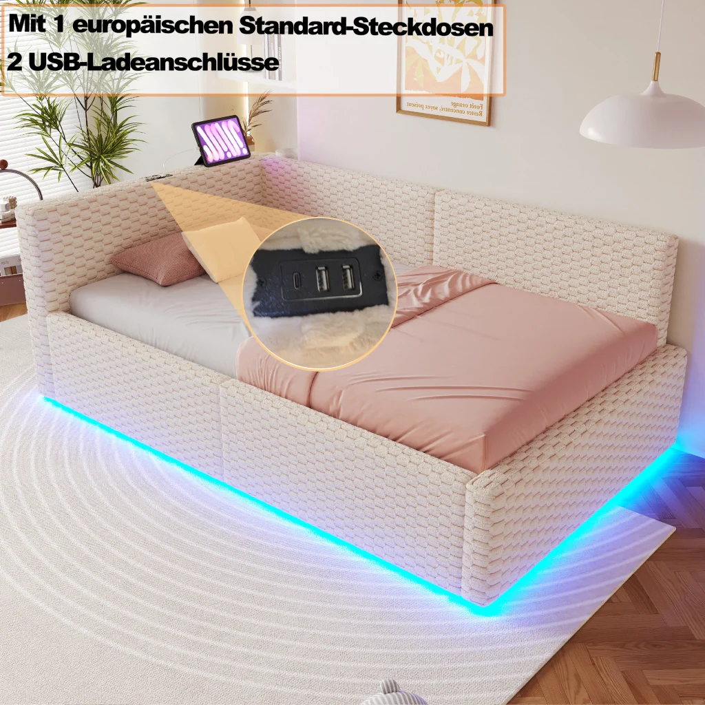 Letto imbottito 90 x 200 cm beige LED USB-C+due USB retro a L velluto telaio idraulico (senza materasso) - Image 5