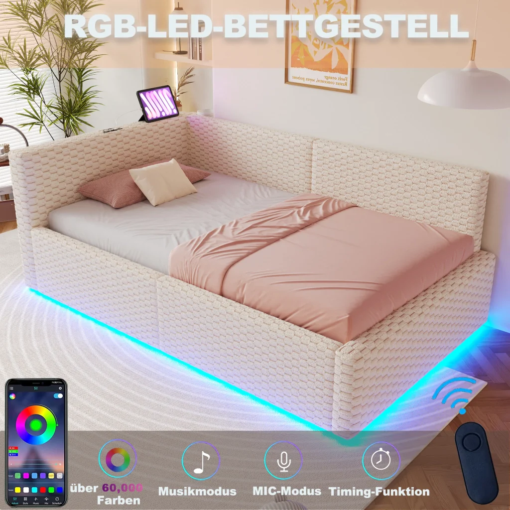 Letto imbottito 90 x 200 cm beige LED USB-C+due USB retro a L velluto telaio idraulico (senza materasso) - Image 6
