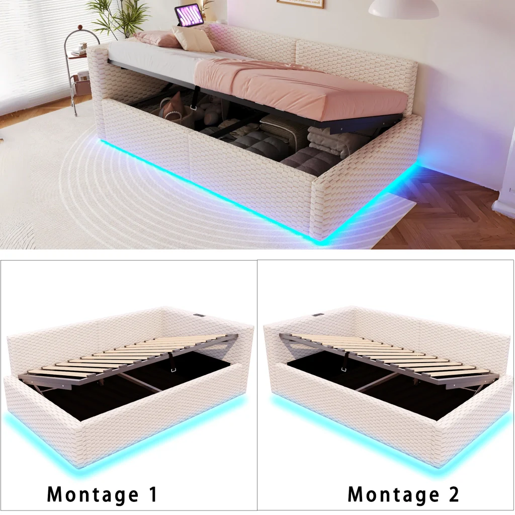 Letto imbottito 90 x 200 cm beige LED USB-C+due USB retro a L velluto telaio idraulico (senza materasso) - Image 7