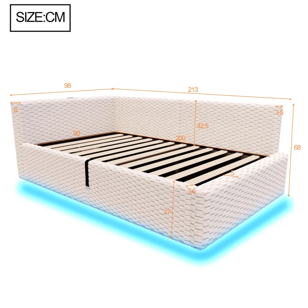 Letto imbottito 90 x 200 cm beige LED USB-C+due USB retro a L velluto telaio idraulico (senza materasso) - Image 8