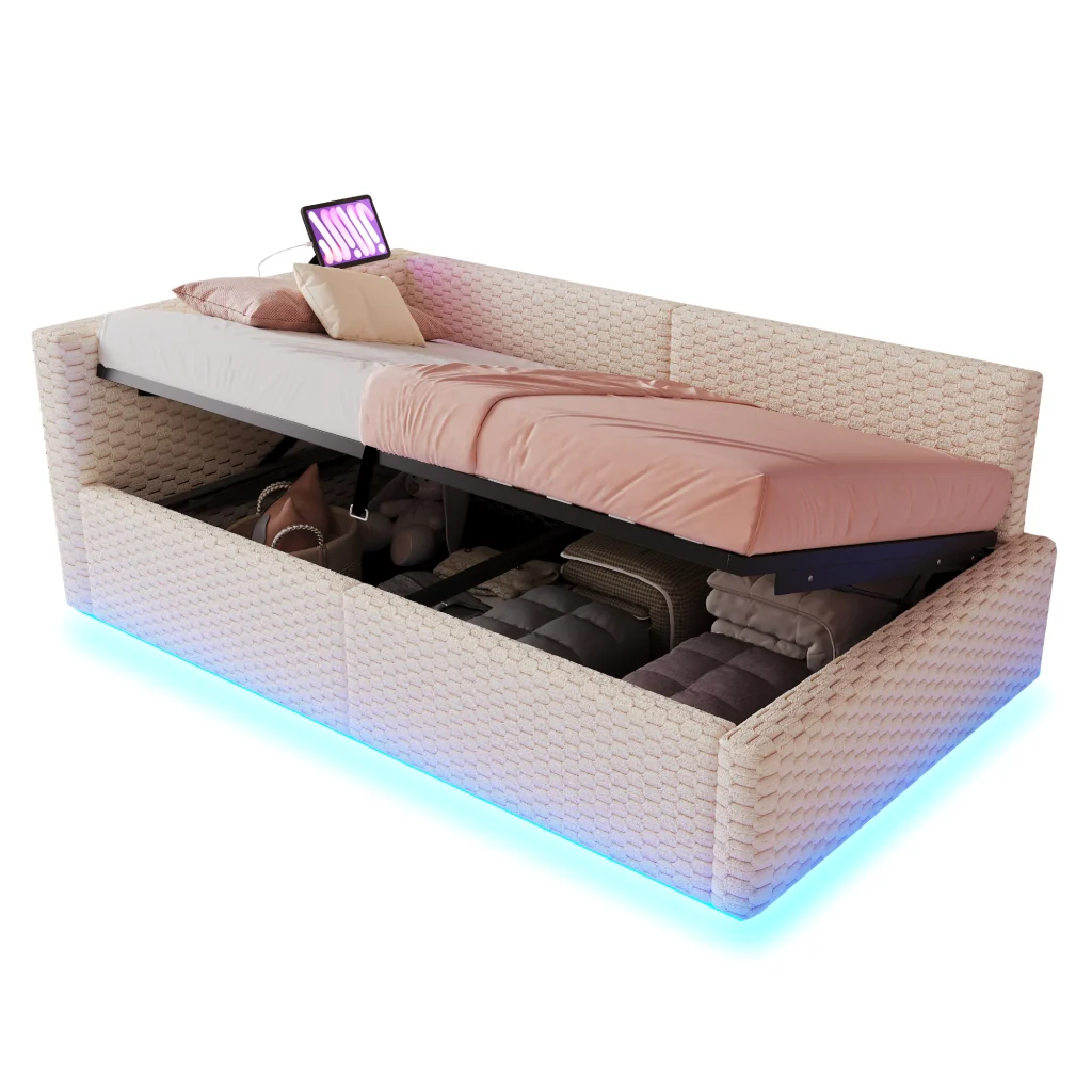 Letto imbottito 90 x 200 cm beige LED USB-C+due USB retro a L velluto telaio idraulico (senza materasso) - Image 9