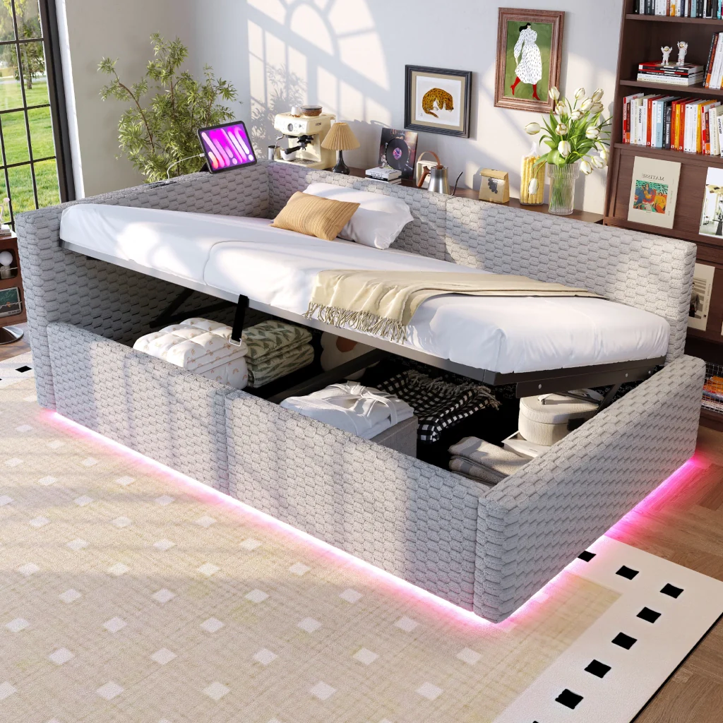 Letto imbottito 90 x 200 cm grigio LED USB-C+due USB retro a L velluto telaio idraulico (senza materasso)