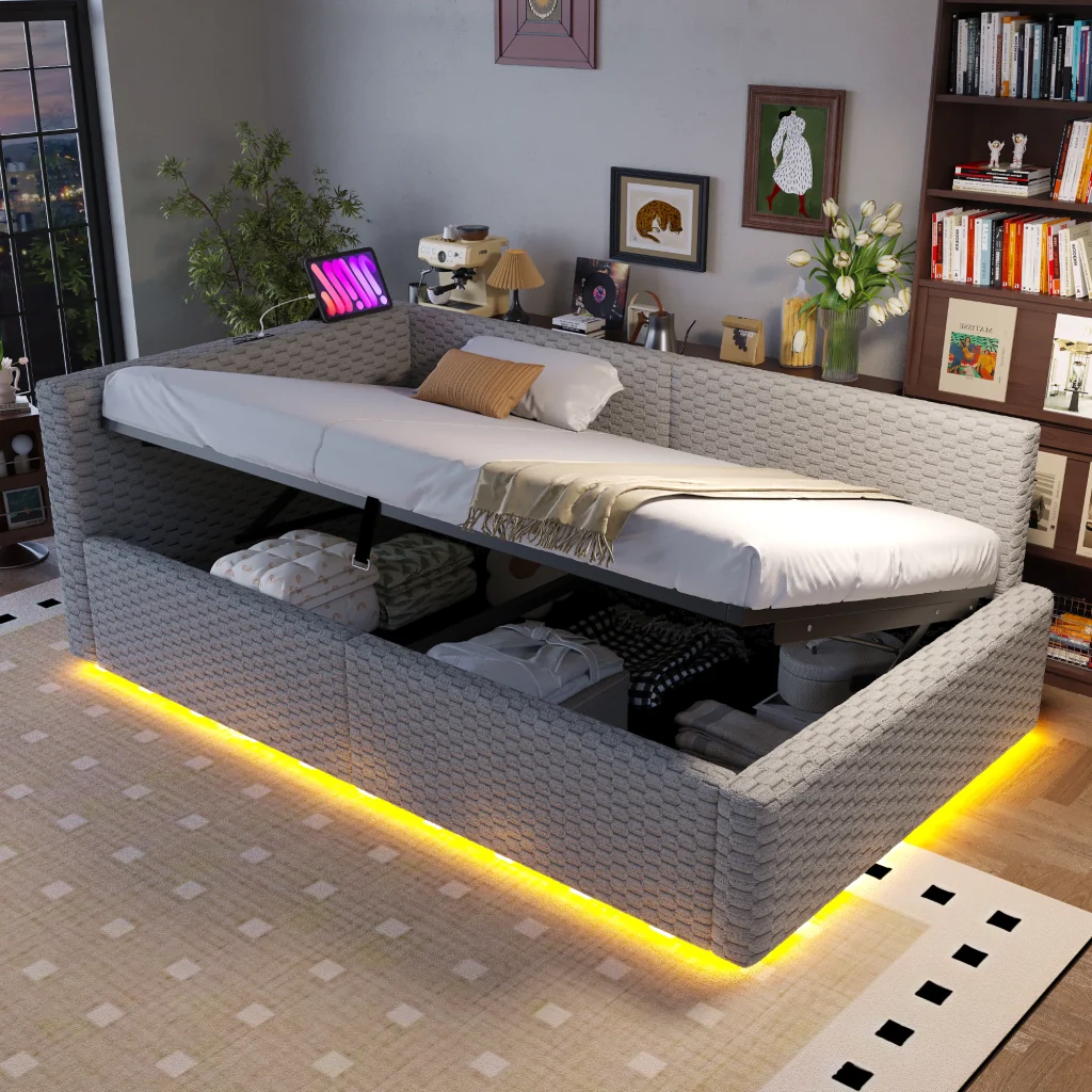 Letto imbottito 90 x 200 cm grigio LED USB-C+due USB retro a L velluto telaio idraulico (senza materasso) - Image 2