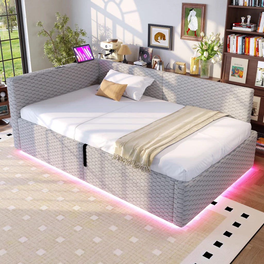 Letto imbottito 90 x 200 cm grigio LED USB-C+due USB retro a L velluto telaio idraulico (senza materasso) - Image 3