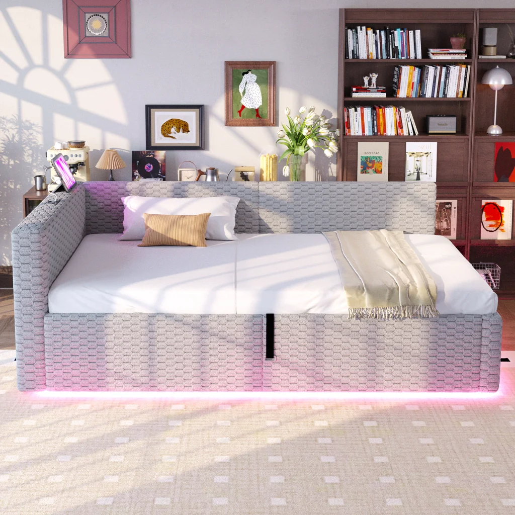 Letto imbottito 90 x 200 cm grigio LED USB-C+due USB retro a L velluto telaio idraulico (senza materasso) - Image 4