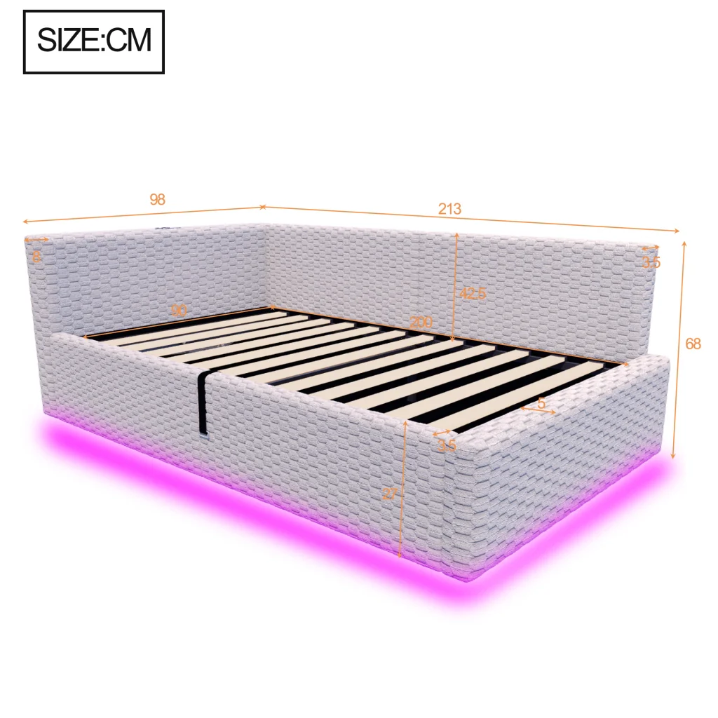 Letto imbottito 90 x 200 cm grigio LED USB-C+due USB retro a L velluto telaio idraulico (senza materasso) - Image 5